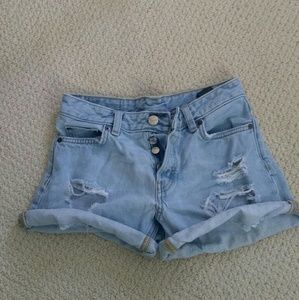 Monki High Waisted Distressed Shorts